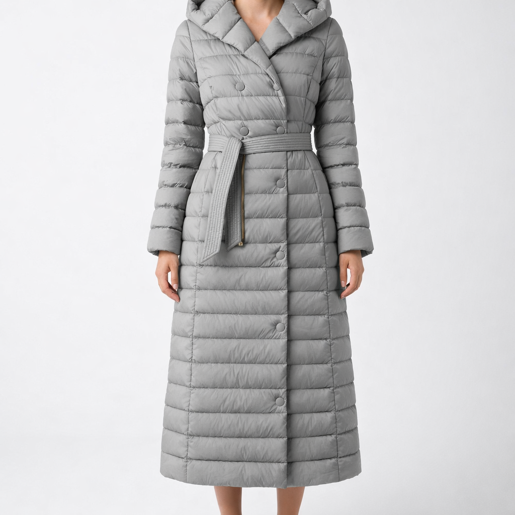Women's Down Quilted Trench Coat – Belted Mid-Calf Warmth
