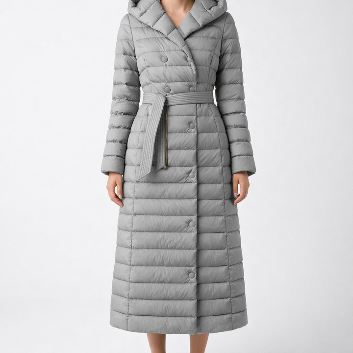 Women's Down Quilted Trench Coat – Belted Mid-Calf Warmth