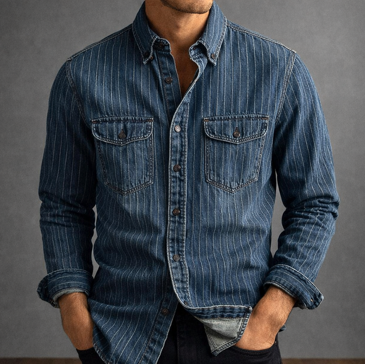 Men's Pinstripe Denim Shirt – Stretch Cotton Workwear Shirt – view 3