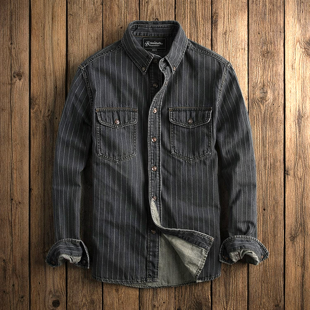 Men's Pinstripe Denim Shirt – Stretch Cotton Workwear Shirt – view 2