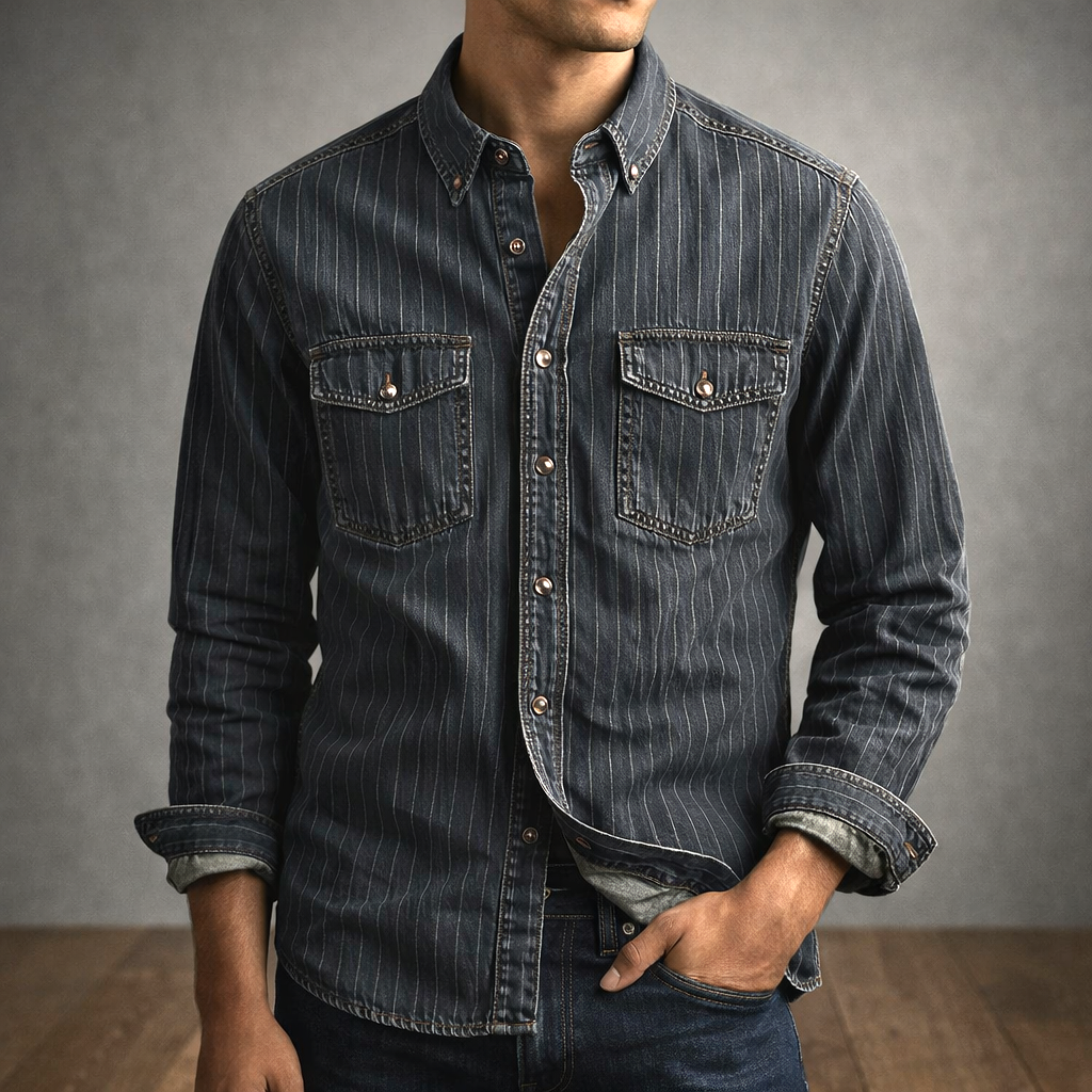 Men's Pinstripe Denim Shirt – Stretch Cotton Workwear Shirt – view 4