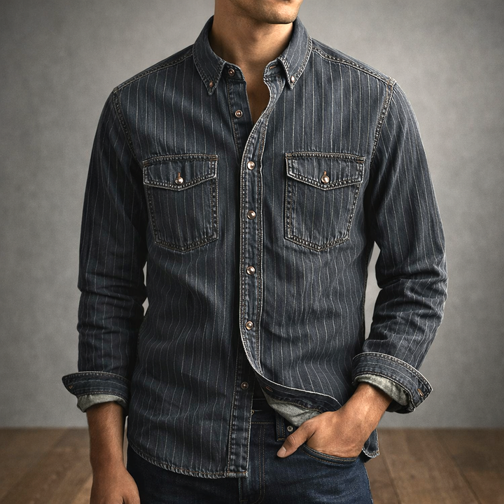 Men's Pinstripe Denim Shirt – Stretch Cotton Workwear Shirt – view 4