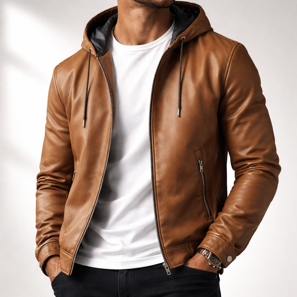 Men's Hooded Leather Jacket – Soft Stretch Casual Biker – view 5