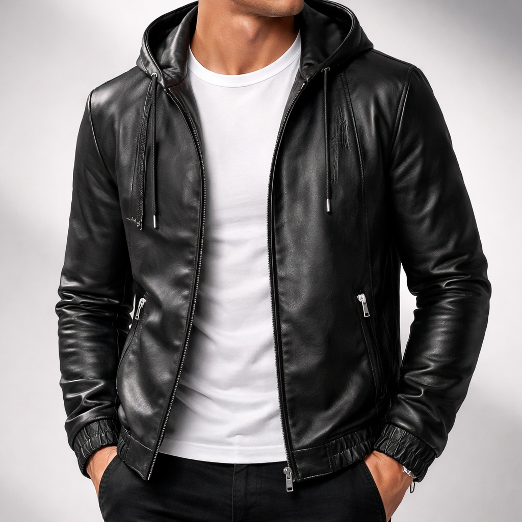 Men's Hooded Leather Jacket – Soft Stretch Casual Biker – view 6