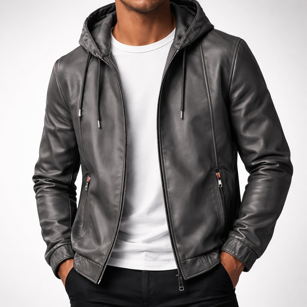 Men's Hooded Leather Jacket – Soft Stretch Casual Biker – view 7