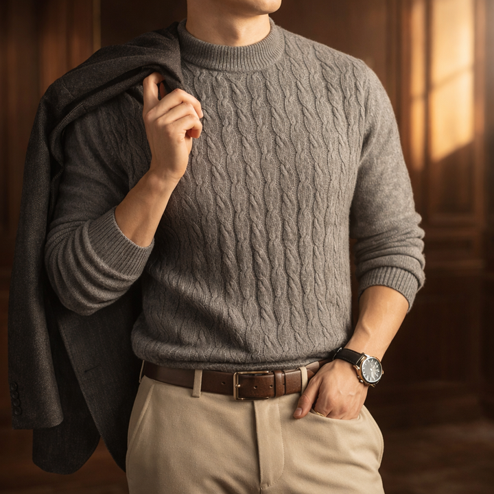 Men's Cable Knit Cotton Jumper – Textured Crew Neck Sweater – view 2