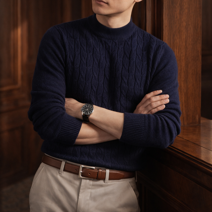 Men's Cable Knit Cotton Jumper – Textured Crew Neck Sweater – view 3