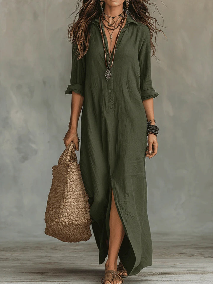 Women's Flowing Maxi Dress with Buttons - Effortless Elegance