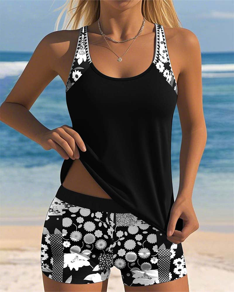 Women's Printed Tankini Shorts Set - Breezy Summer Swimwear