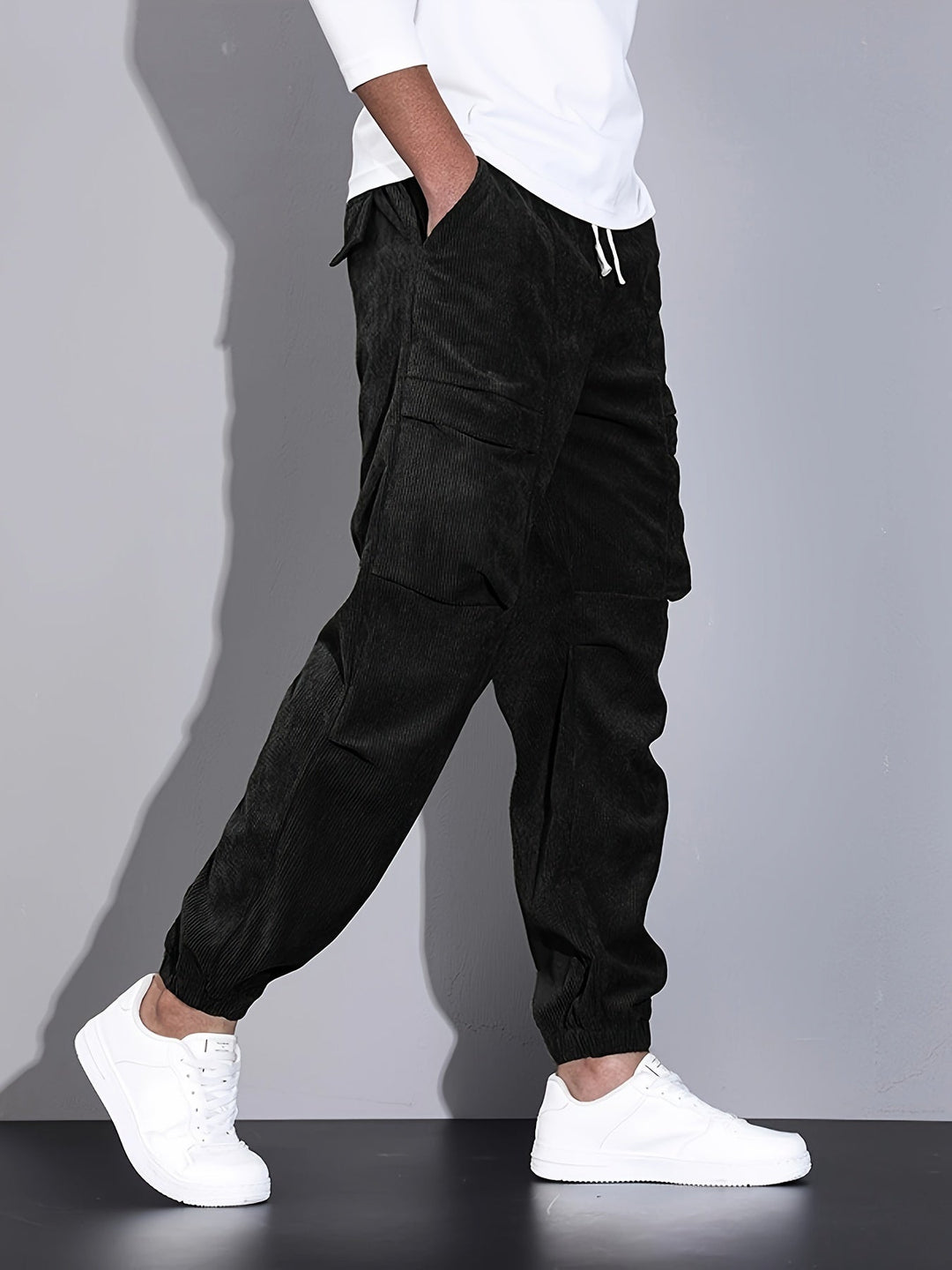 Men's Corduroy Cargo Trousers – Relaxed Tapered Drawstring Fit – view 4