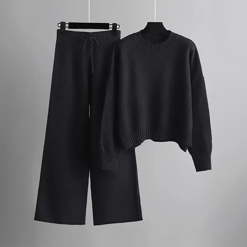 Women's Soft Knit Loungewear Set – Relaxed Jumper & Wide-Leg Trousers – Black
