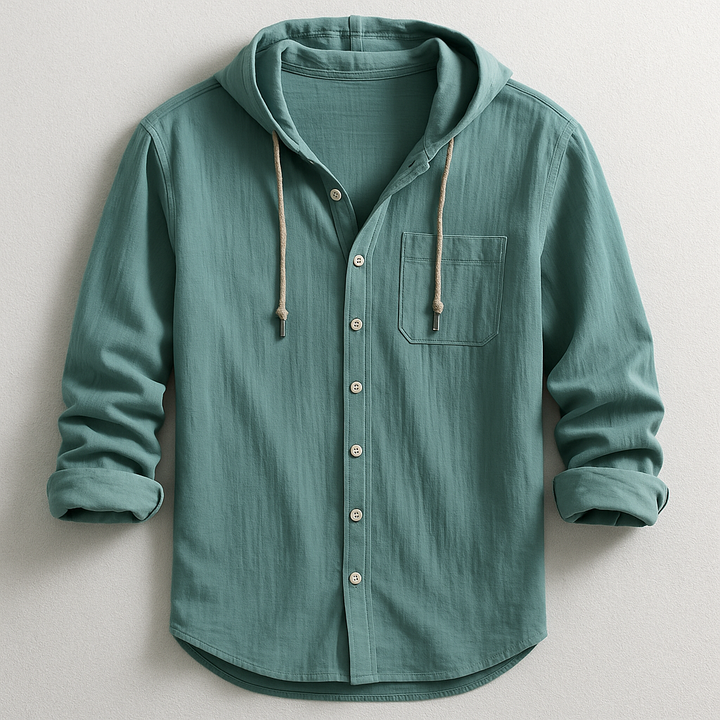 Men's Cotton Linen Hooded Shirt – Relaxed Summer Beach Style – Green
