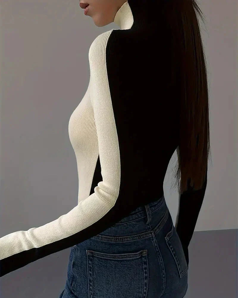 Women's Ribbed Knit Top with High Neck – Colour-Block Design – view 4