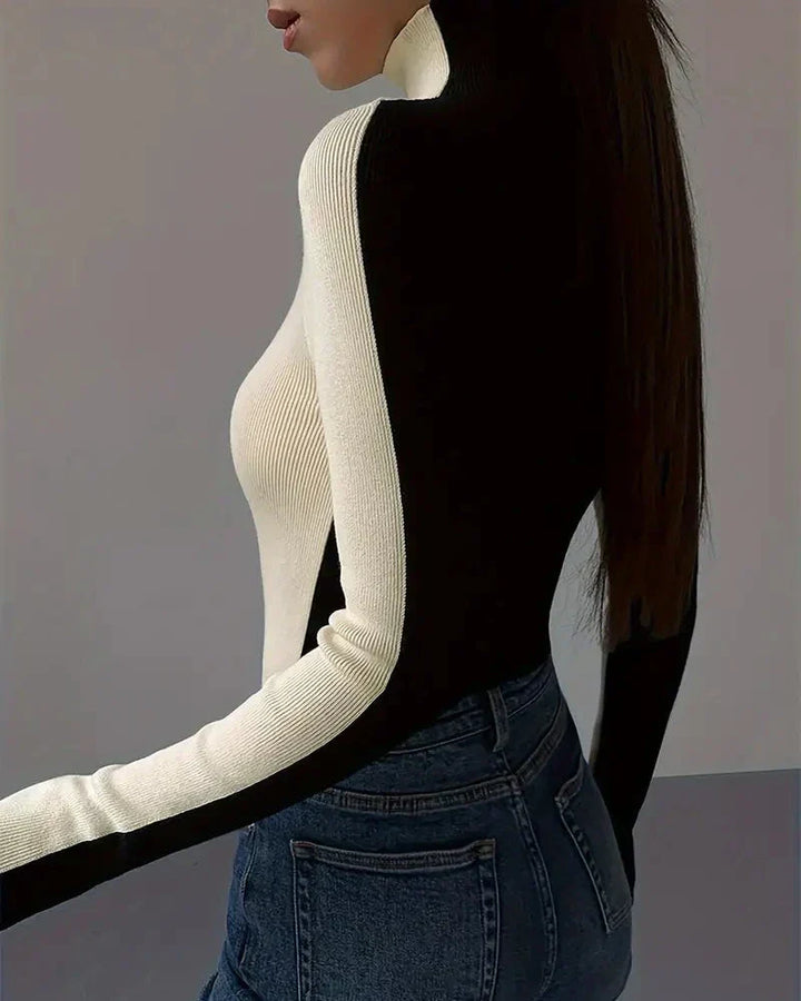 Women's Ribbed Knit Top with High Neck – Colour-Block Design – view 4