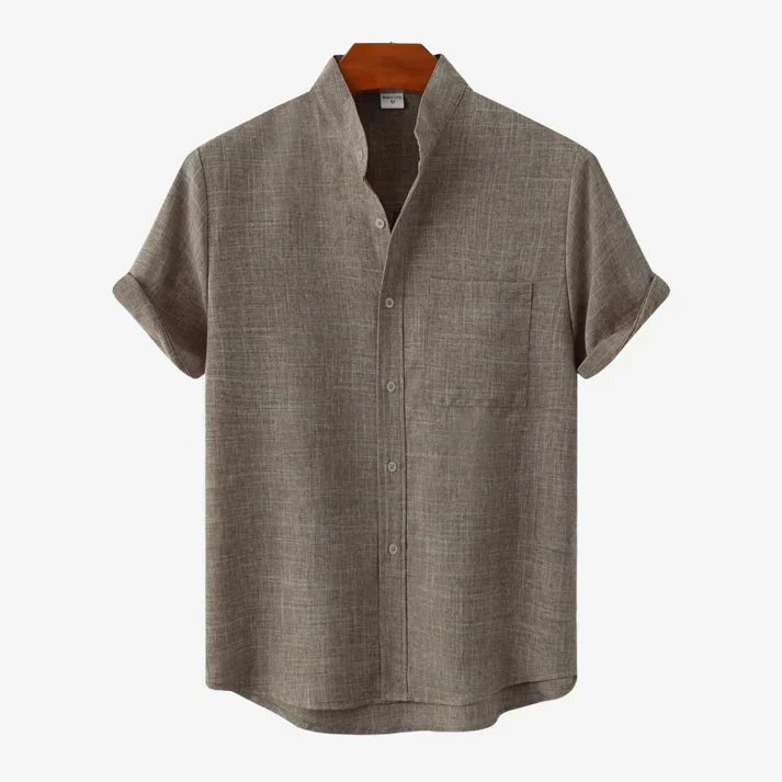 Men's Linen Blend Grandad Collar Shirt – Relaxed Summer Fit – Coffee