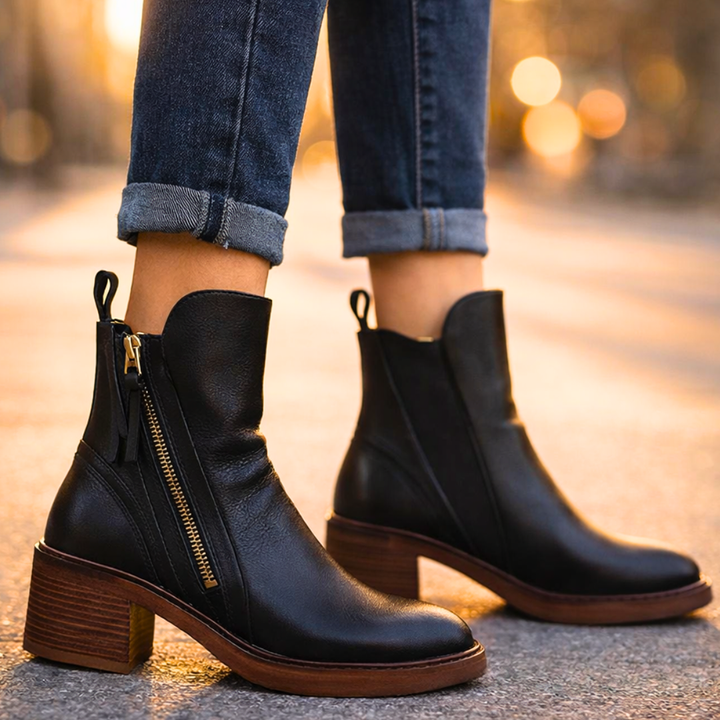 Women's Leather Ankle Boots – Block Heel with Side Zip – view 3