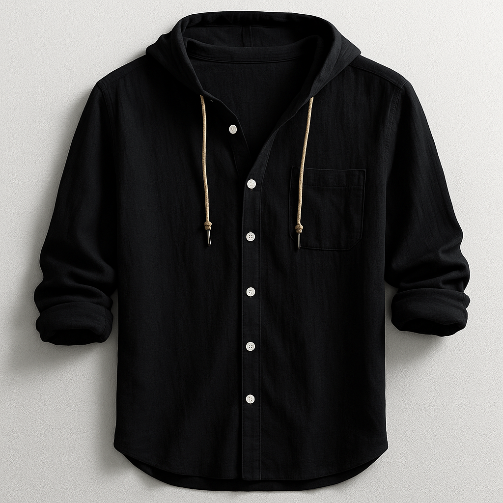 Men's Cotton Linen Hooded Shirt – Relaxed Summer Beach Style – Black