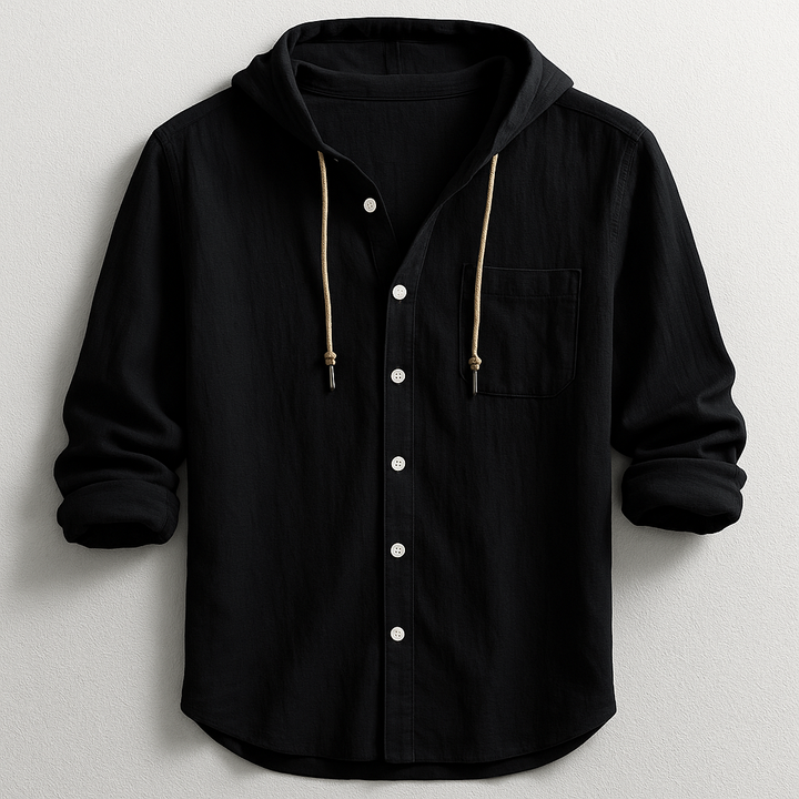 Men's Cotton Linen Hooded Shirt – Relaxed Summer Beach Style – Black