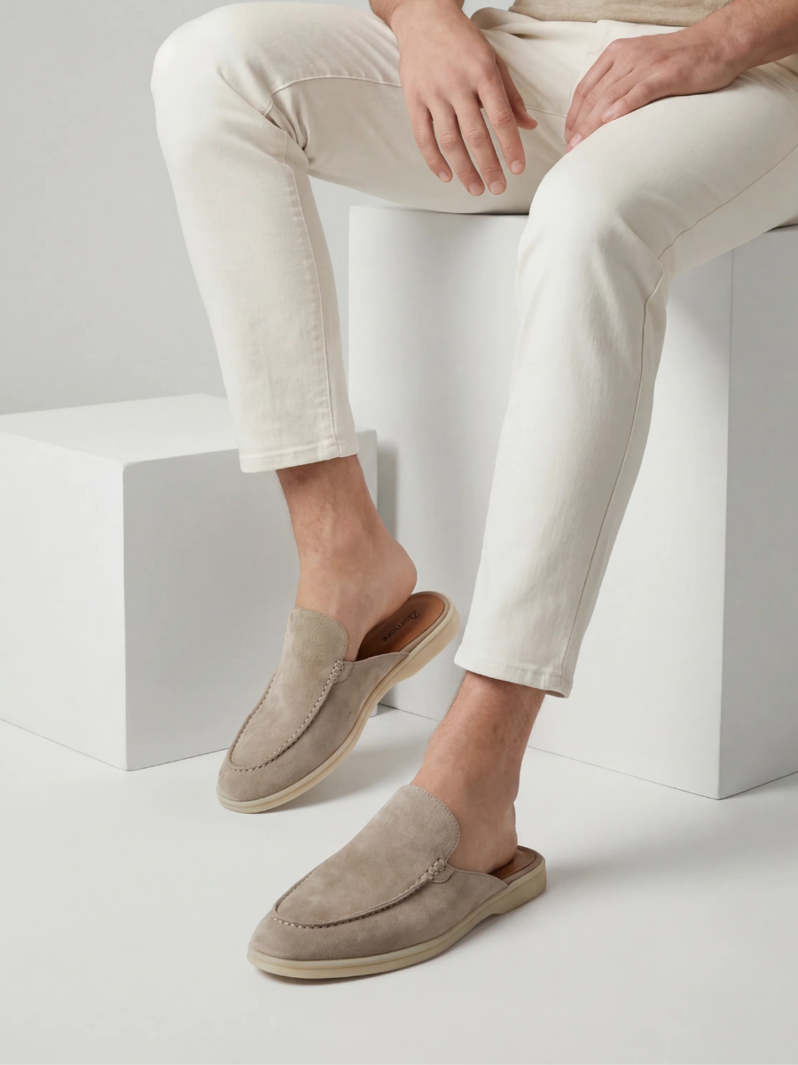 Men's Leather Slip-On Mules – Yacht Loafers – Light Grey – view 2