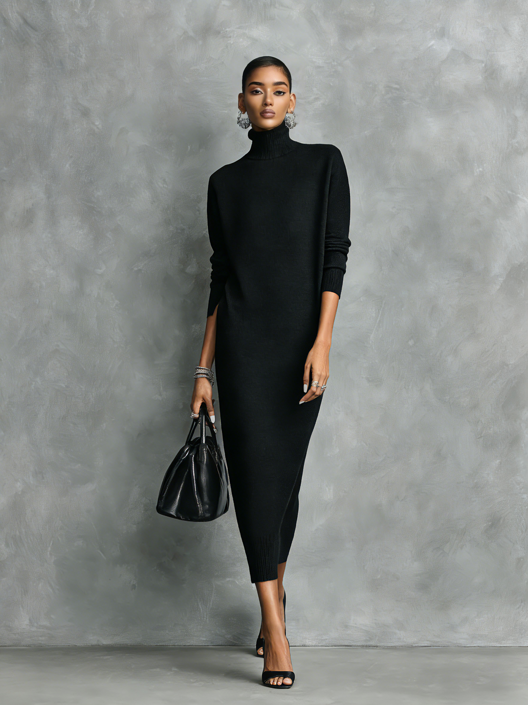 Women's Knitted Turtleneck Long-Sleeve Midi Dress - Effortless