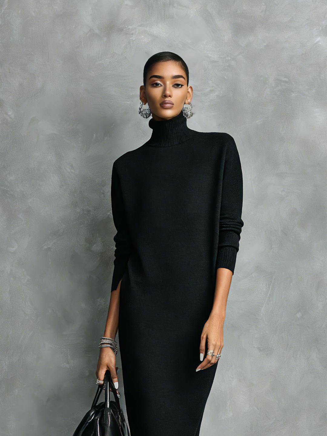 Women's Black Knitted Turtleneck Midi Dress - Effortless Style