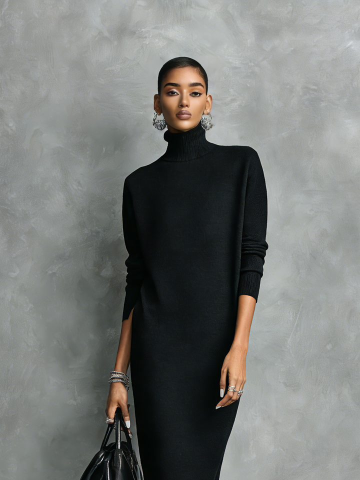 Women's Black Knitted Turtleneck Midi Dress - Effortless Style