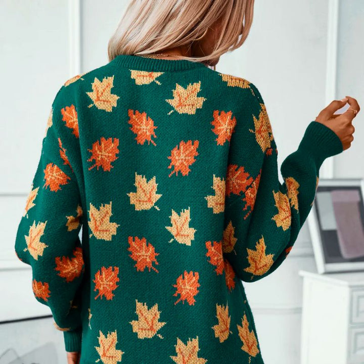 Women's Knitted Autumn Jumper – Maple Leaf Crew Neck Sweater – view 2