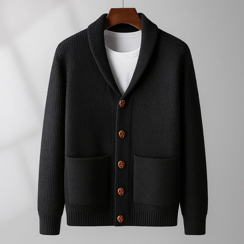 Men's Cashmere Cardigan – Shawl Collar Knit Button Jumper – Black