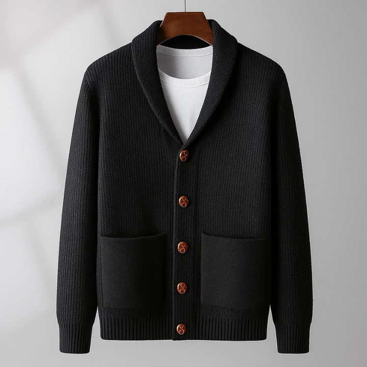 Men's Cashmere Cardigan – Shawl Collar Knit Button Jumper – Black