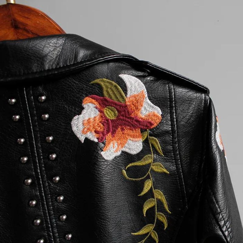 Women's Studded Vegan Leather Biker Jacket – Floral Embroidery – view 4