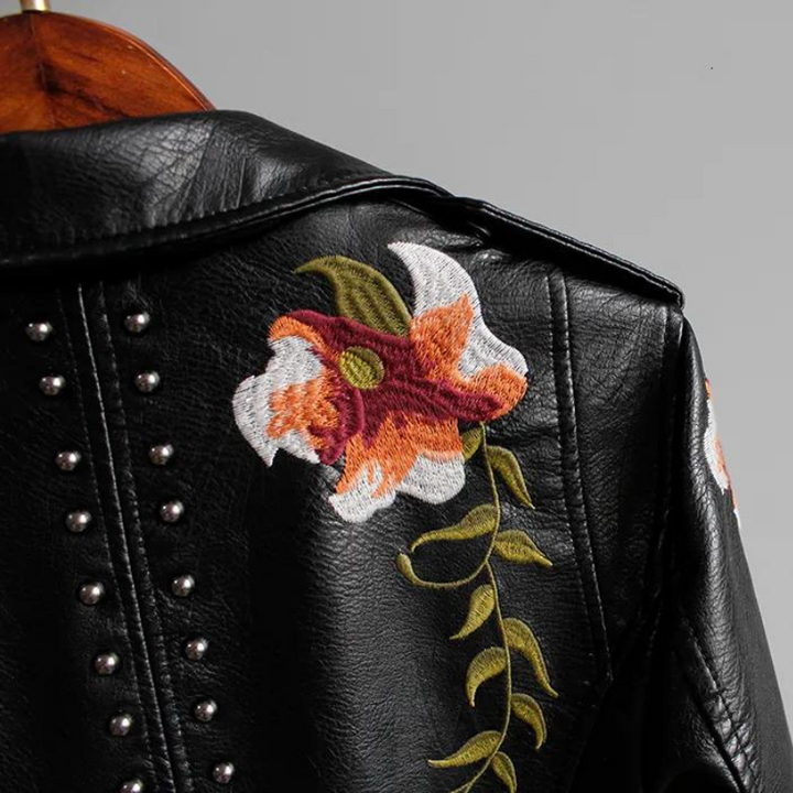 Women's Studded Vegan Leather Biker Jacket – Floral Embroidery – view 4