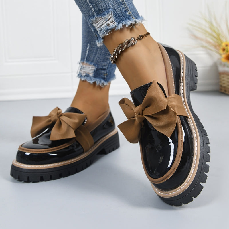 Women's Patent Leather Bow Loafers – Chunky Platform Sole – Beige