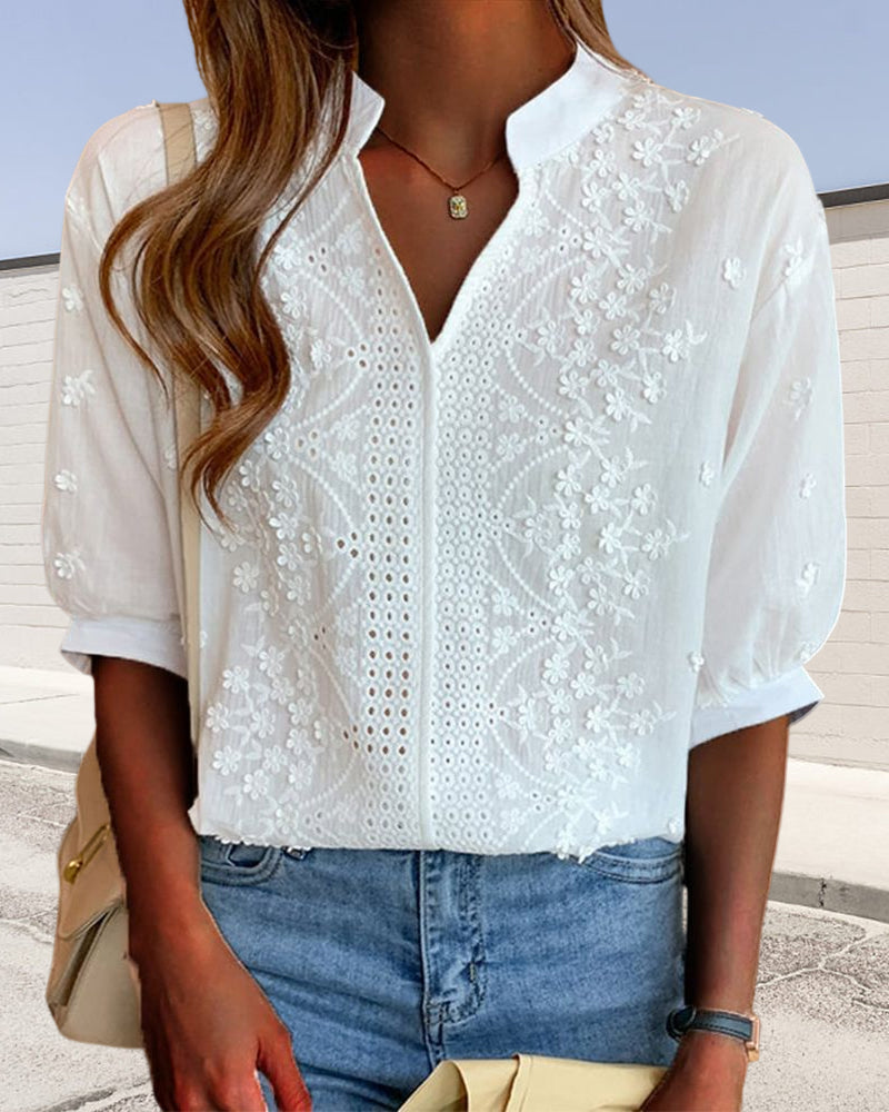 Women's Summer V Neck Puff Sleeve Blouse - Warm-Weather Essential
