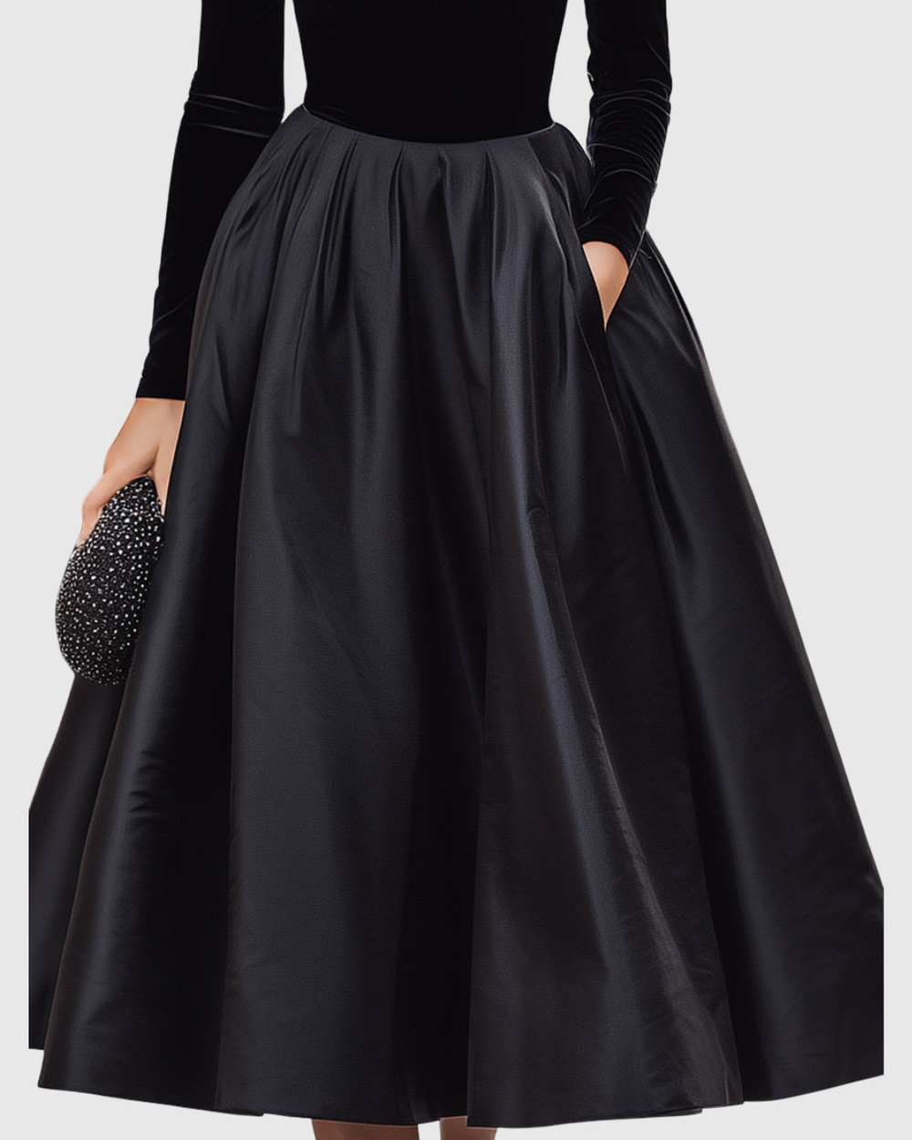Women's Aradia Black Velvet and Satin Midi Dress - Evening Elegance