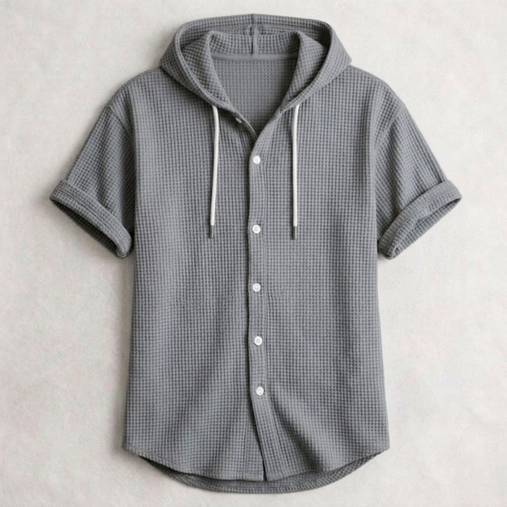 Men's Cotton Waffle Hooded Shirt – Relaxed Long-Sleeve Overshirt – Grey