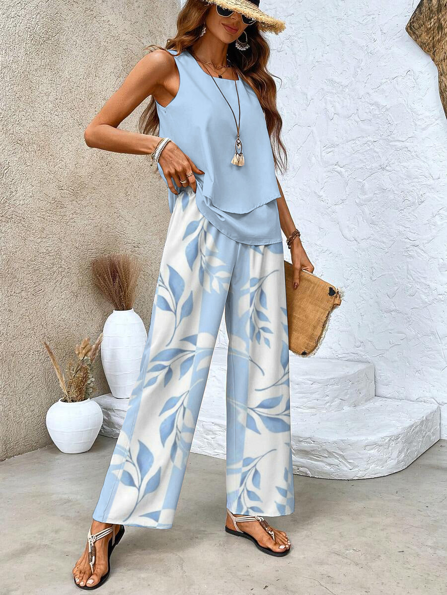 Women's Leaf Print Two-Piece Summer Set - Elegant & Effortless