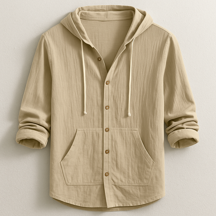 Men's Cotton-Linen Hooded Shirt – Relaxed Button-Up Layer – Sand