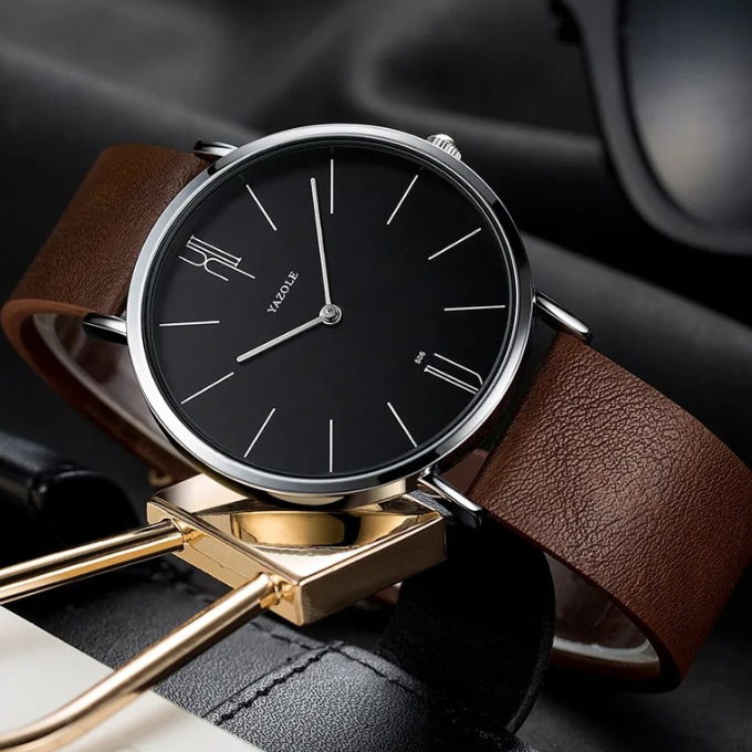 Men's Leather Strap Dress Watch – Slim Stainless Steel Case – view 3
