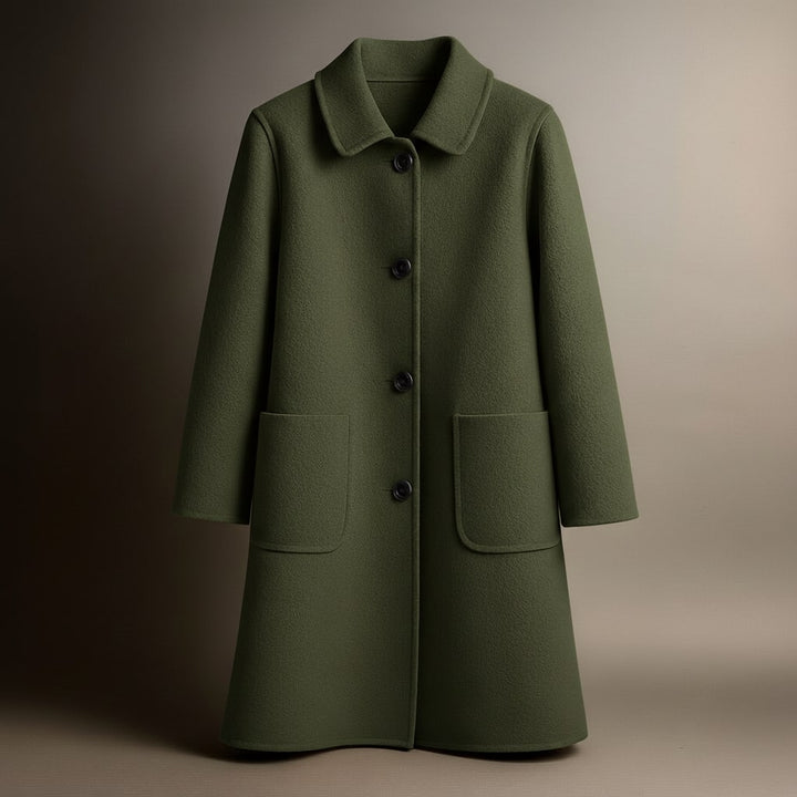 Women's Virgin Wool Coat – Tailored Straight-Cut Winter Overcoat – Army Green