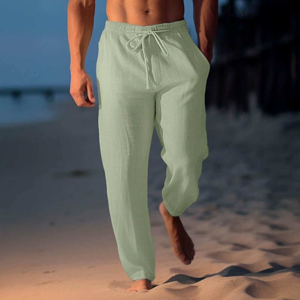 Men's Linen Blend Drawstring Trousers – Relaxed Summer Fit – Blue