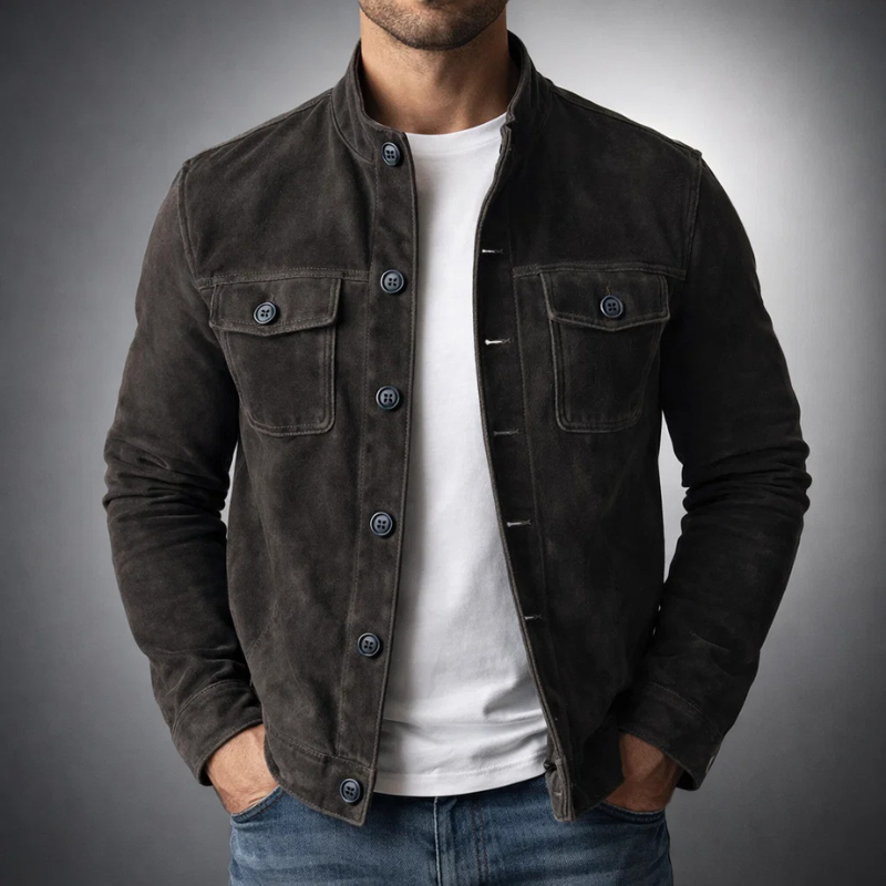 Men's Suede Shirt Jacket – Military Overshirt Shacket – Black