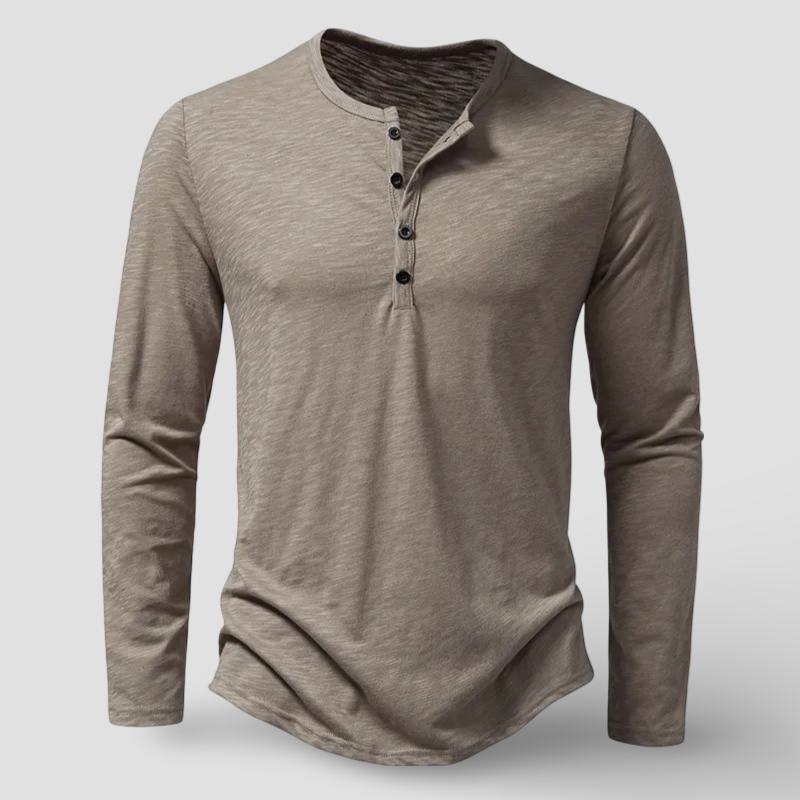 Men's Cotton Long Sleeve Henley Shirt – Classic Button Placket – Khaki