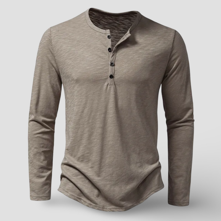 Men's Cotton Long Sleeve Henley Shirt – Classic Button Placket – Khaki