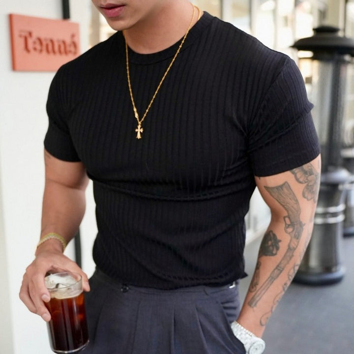 Men's Ribbed Cotton T-Shirt – Massimo Stretch Crew Neck Tee – Black