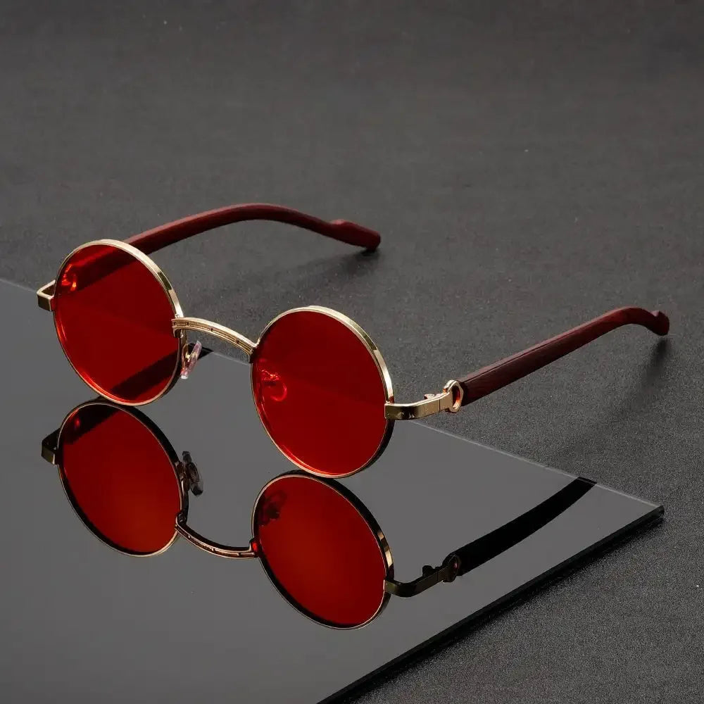 Men's Round Sunglasses - Metal Frame UV400 Wood-Grain – Black