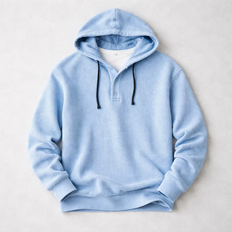 Men's Waffle-Knit Henley Hoodie – Textured Cotton Hooded Top – Brown