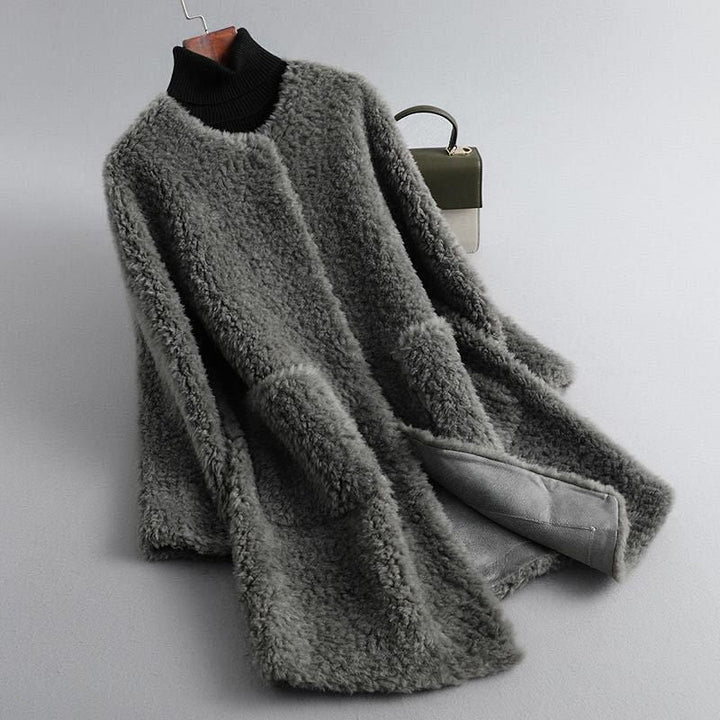 Women's Shearling Coat – Collarless Open-Front Teddy Layer – Crimson Red