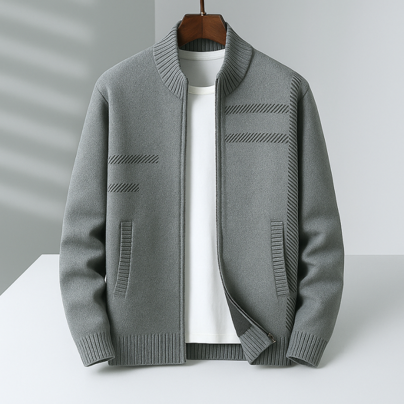 Men's Cashmere Jacket – Full-Zip Knit Layering Coat – Grey