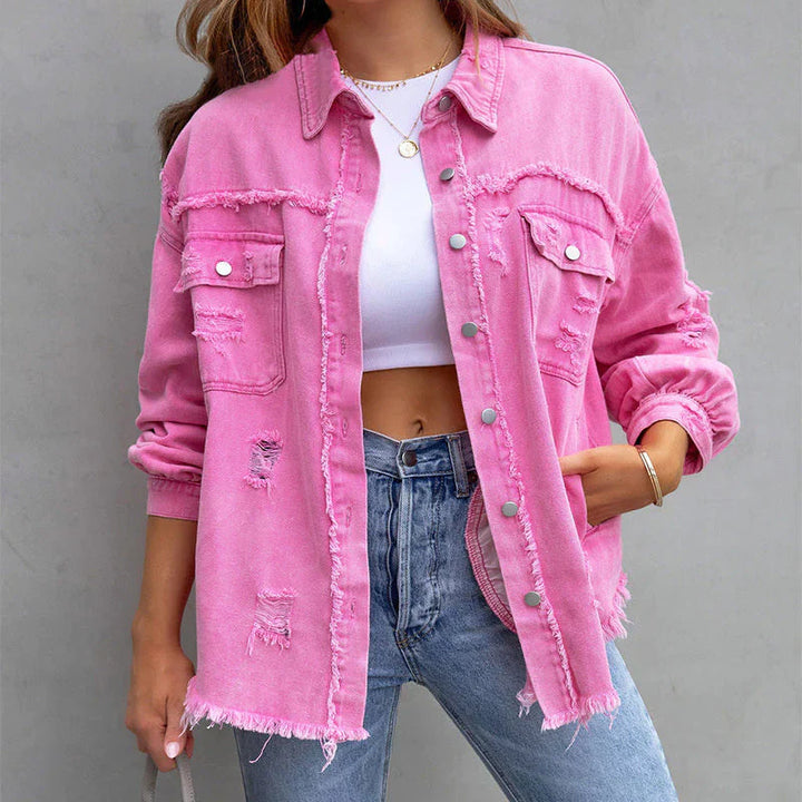 Women's Frayed Denim Jacket – Relaxed Distressed Cotton – view 2