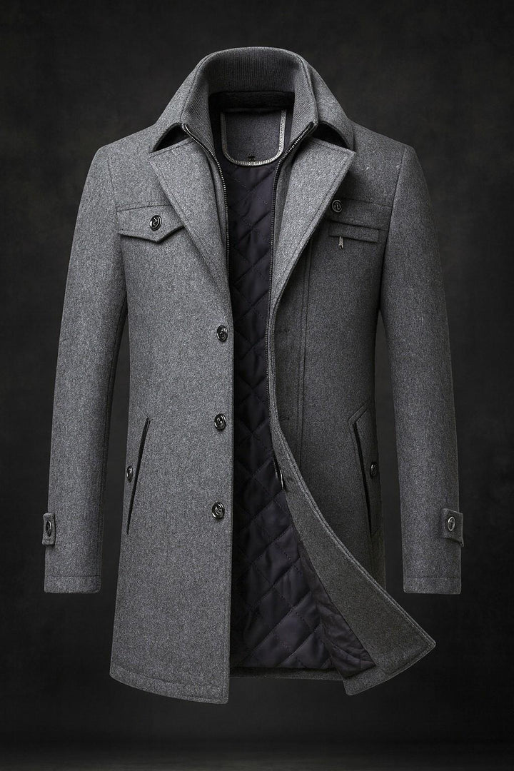 Men's Wool Overcoat – Tailored Quilted-Lined Winter Topcoat – Grey